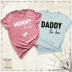 Mommy to be Shirt, Daddy to be Tees, New Mama Dada Shirt, Baby Announcement Tees, Baby Shower Shirts, Family Matching Mom Dad Couple Shirt Mommy to be Shirt - Celebrate the exciting journey of motherhood with our "Mommy to be Shirt," designed to capture the joy and anticipation of welcoming a new little one. This adorable and comfortable tee is perfect for any expecting mom, whether you're announcing the big news, attending a baby shower, or simply embracing your new role with pride. Crafted from soft, breathable fabric, it's not just a shirt--it's a keepsake for this special time in your life. Pair it with our matching "Daddy to be Tees" for a cute couple's look, or gift it to a friend who's about to embark on the beautiful adventure of parenthood. Whether you're wearing it for a pregnanc Crew Neck Tops For Gender Reveal, Matching Graphic Print T-shirt For Gender Reveal, Matching Cotton T-shirt For Gender Reveal, Dada Shirt, Baby Reveal Shirt, Baby Shower Shirts, Beautiful Adventure, Gender Reveal Shirts, New Mama