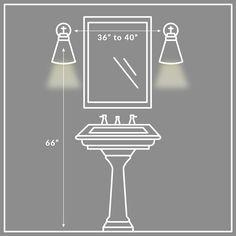 a bathroom sink with two lights on each side and the measurements for it's height