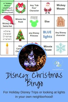 the disney christmas bingo game is shown in blue and white with text that reads, disneyland christmas