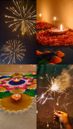 three pictures with different types of fireworks in the sky and on the ground, one is lit up