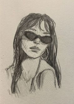 a drawing of a woman with sunglasses on her face and long hair, looking to the side