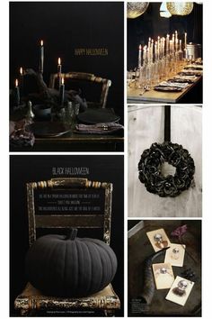 a collage of photos with candles and pumpkins on them, including an old chair