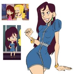 an animated woman in a blue dress with her hand on her hip and another cartoon character behind her