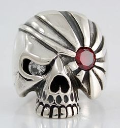 Diamond Skull Silver Pirate Rings. Pirate skull design men's jewelry, with diamond clear on right eye. Pirate Ring, Mens Accessories Bracelet, Diamond Skull, Mens Skull Rings, Gothic Ring, Biker Jewelry