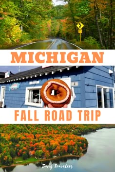 michigan fall road trip with donuts in the middle and trees on both sides,