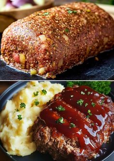 two pictures of meatloaf, mashed potatoes and gravy