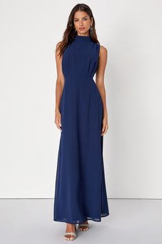 Classic Elegance Navy Chiffon Sleeveless Mock Neck Maxi Dress Navy Floor Length Dress, Mother Of The Bride Cocktail Dresses, Navy Dress Outfit Wedding, Navy Chiffon Dress, Mock Neck Maxi Dress, Blue Flowy Dress, Navy Bridesmaid Dress, Fabric Detailing, Hand Fasting