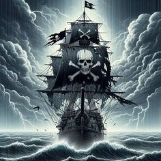 a pirate ship in the ocean with storm clouds