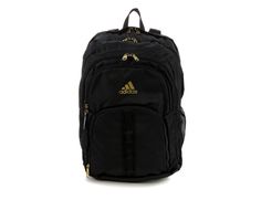 Synthetic upper,Adjustable padded shoulder straps,Approx. 18 1/2 inch H x 14 inch W x 4 1/2 inch D,Large zipper compartment with laptop pocket,Inside pocket for added storage,Multiple zipper compartments and pockets,Side mesh pockets,Padded back pannel for added comfort,Synthetic lining,Top loop handle,Handwash,adidas® branding details | Adidas Prime VI Backpack in Black Gold Adidas Outdoor Bags, Adidas Bag With Adjustable Strap For Outdoor Activities, Adidas Bags With Adjustable Strap For Outdoor Activities, Adidas Rectangular Backpack For Everyday Use, Adidas Backpack For Outdoor Activities, Adidas Rectangular Backpack For Daily Use, Adidas Back To School Rectangular Bag, Adidas Backpack For Travel And Back To School, Adidas Travel Backpack For Back To School