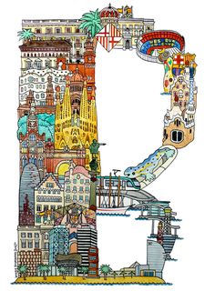 the letter e is made up of many different types of cityscapes and buildings