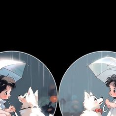 there is a boy holding an umbrella next to a white dog