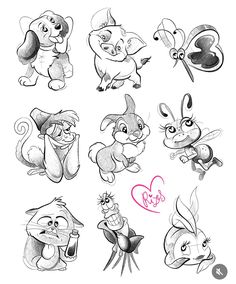 some cartoon animals that are drawn in pencil