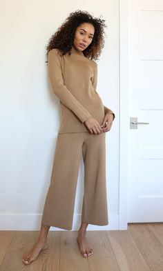 Camel wide leg lounge pant Ribbed Pants, Rib Top, Rib Knit Top, Leg Stretching, Knit Pants, Womens Loungewear, Mock Neck Sweater, Pants Straight, Ribbed Sweater