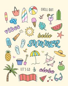 the words hello summer are drawn in different colors and shapes, including an umbrella, sunbat