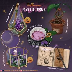 an advertisement for the halloween mystic hour, with various items and decorations on display in glass containers