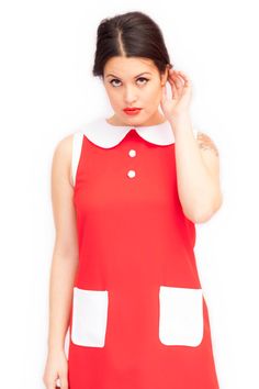 "MARION DRESS Handmade dress 100% Polyester Colors: Red and whiteThis dress is made under request, so there is no stock. The item can not be returned, since is only made under request SIZING Choose between the standard size or order your dress made-to-measure, to have the dress made perfectly after your personal measurements. To make sure you fit in the standard size, please check the following measurements: *Sizes inches XS: CHEST 33.07 IN / WAIST 25.98 IN / HIPS 35.43 IN S: CHEST 34.64 IN / WA White A-line Retro Vintage Dress, White Collared Party Dress, White Collared Dress For Party, White Mod Mini Length Dress, Fitted Retro Dress With Doll Collar, Retro Fitted Dress With Doll Collar, White A-line Vintage Retro Dress, Vintage Mini Dress With Doll Collar, Retro Collared Party Dresses