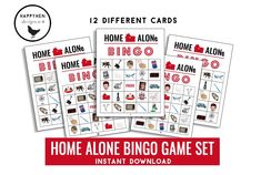 the home alone bingo game set includes 12 different cards and an instant printable guide