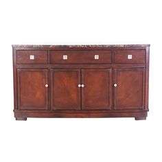 a wooden sideboard with marble top and two doors on the front, against a white background