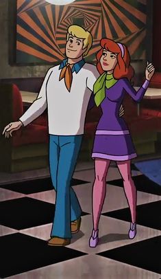 an animated man and woman dancing on a checkered floor