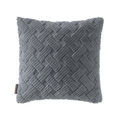 a gray pillow with a woven design on the front and back, sitting on a white background