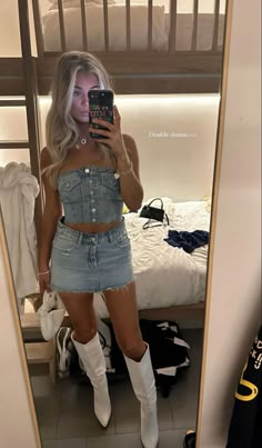 Denim Skirt And Top Outfit, Rock Country Outfit, Edm Concert Outfit Summer, Jean Skirt Outfits Country Concert, Country Concert Outfit Jean Skirt, Denim Country Concert Outfit, Nashville Fits, Hangout Fest, Dallas Outfits Summer