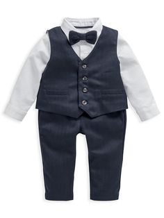 Mamas & Papas Baby Boys 4 Piece Suit Set - BlueBaby will look all grown up in this 4 piece suit. It includes a smart navy blazer and trousers, a long-sleeved collared shirt and a knitted bowtie with an easy Velcro fastening. And thanks to the button fastenings and an elasticated waistband, it'll be really easy to get baby changed.Material & CareMaterial Content: Waistcoat : Shell:98% Polyester 2% Elastane Lining:100% Cotton Trousers:98% Polyester 2% Elastane Bowtie:100% CottonWashing Instructions: Machine WashableIncludes blazer, shirt, trousers and bowtieEasy to get on and off thanks to poppers and buttonsElasticated waistband is simple to pull up Papa Baby, Navy Suit, Mini Party, Knit Tie, All Grown Up, Three Piece Suit, Party Outfits, Navy Blazer, Delicate Details