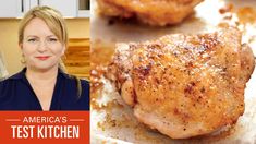 a woman standing in front of some chicken on a cutting board with the words america's test kitchen