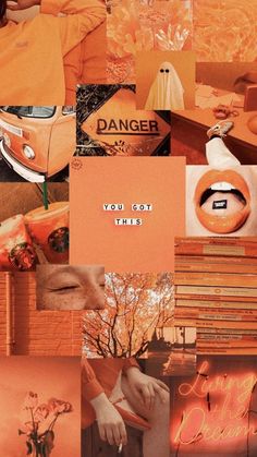 an orange collage with various pictures and words