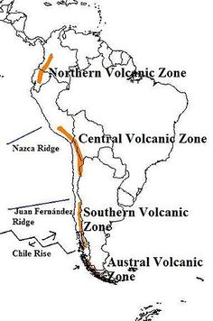 a map showing the location of several different volcanos in south and central america, as well as an orange line