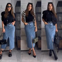 Skirt Outfit Ideas Winter, Jeans Skirt Outfit Winter, Denim Skirt Winter Outfit, Long Denim Skirt Outfit Ideas, Modest Denim Skirt Outfit, Denim Skirt Outfit Winter, Denim Skirt Outfit Ideas, Looks Total Jeans, Long Denim Skirt Outfit