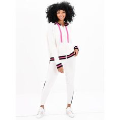 You can take a girl out of lock down but you can't take a girl out of loungewear! Pair the Serenity Stripe Jogger with the Serenity Stripe Hoodie for a sporty look. Luxury Jogger Color: Organic White, Neon Pink & Black Stripe Fit: True to size Material: 70% Cotton, 20% Nylon, 10% Silk Ribbed trim and cuffs Rear pocket Elasticized waistband Pair as a set: Serenity Stripe Hoodie Luxury Loungewear, Loungewear Luxury, Striped Hoodie, Sporty Look, Colorful Hoodies, Girls Out, Neon Pink, Black Stripes, Pink Black