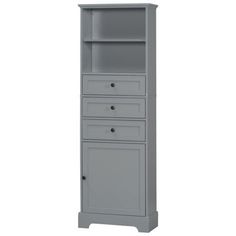 a tall gray cabinet with drawers on the bottom and one drawer in the middle, against a white background