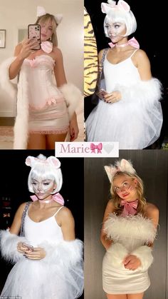 three pictures of women dressed in bunny costumes, one is taking a selfie and the other has a cell phone