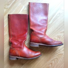 Frye Vintage 70s/80s Riding Campus Calvary Boots Leather Style 6750 Size 6 Distressed Vintage Frye Campus Boots. Made In The Usa. Gorgeous Orangey -Brown Tall Frye Riding-Style Boots. This Classic Style Goes With Everything - Frye Is A Long Trusted Brand With Quality That Lasts For Years And Years. Boots From Frye Are An Investment You’ll Enjoy For Many Years To Come. Style #6750, Marked A Women’s Size 6 Excellent Vintage Condition. Wear Consistent With Age. Well Broken In, No Major Flaws To Not Vintage Fall Moto Boots With Leather Lining, Vintage Vegetable-tanned Boots For Fall, Frye Campus Boots, Campus Boots, Riding Boots Fashion, Style Boots, Boots Leather, Leather Style, Frye Shoes