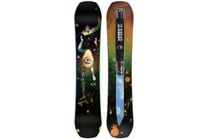 the snowboard is decorated with an image of a cat on it's side