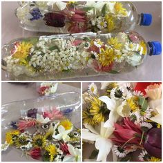 three different pictures of flowers in a bottle with water and plastic wrap around the bottom