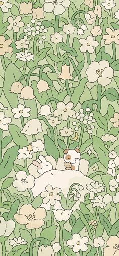 a drawing of a cow laying in the middle of a field of white flowers and green leaves