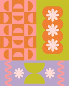 three different colored squares with flowers and circles on them, one in pink, the other in green