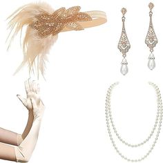 Season:All Seasons; What's in the box:Gloves,Headband,Necklace,Earrings; Types:Outfits; Holiday:Halloween; Style:1920s,The Great Gatsby; Occasion:Halloween; Material:Feather; Listing Date:09/12/2023 Roaring 20s Flapper, Il Grande Gatsby, Gatsby Accessories, 1920s Accessories, Flapper Accessories, Flapper Headpiece, Gatsby Costume, Headband Pearl, 20s Flapper