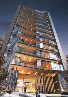 an artist's rendering of the exterior of a tall building with glass balconies