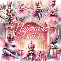 the nutcracker ballet poster is shown with pink and gold decorations, including a mouse