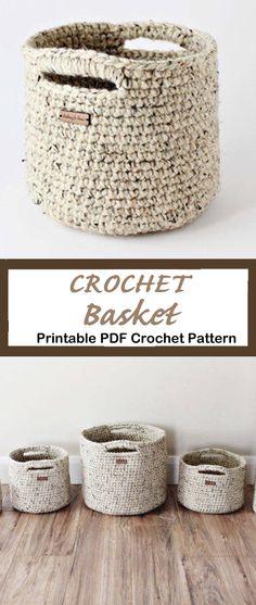 the crochet basket pattern is shown with three baskets in front of it, and two