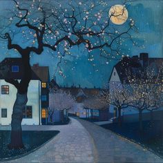 a painting of a street with trees and houses in the background at night, with a full moon