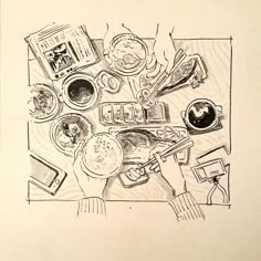 a drawing of food on a table with utensils and other items around it