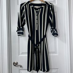 Brand New Without Tag - Never Worn Loft Size Medium Navy White And Yellow Vertical Stripes With Matching Belt Removable Belt Can Be Tied At The Front Or Back Optional Roll Up Sleeves Fun And Comfortable Casual Dress For Work Or Running Errands Around Town Casual Dress For Work, Stripe Shirt Dress, Casual Work Dresses, Dress For Work, Striped Shirt Dress, Stripe Shirt, Roll Up Sleeves, Vertical Stripes, Loft Dresses