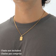 Complete your signature style with this silver or gold rectangle pendant, designed to add an effortlessly stylish touch to any outfit. It is ready to add to your favorite chain! 💎Free shipping on all orders💎Non-tarnish stainless steel💎Packaging that is ready to offer as a gift 📏Pendant size is 12mm x 17.5mm (plus the 6mm hook), and fits on chains with a maximum chain width of 5mm. For best results and look, we recommend going for a 3mm chain, a 4mm, or a thinner chain. Make sure that the clo Gold Chains For Men With Pendant, Letter Pendant Necklace Men, Male Gold Chain Design, Men’s Gold Chain Pendent, Men Initial Necklace, Men's Necklace Jewelry, Pendant For Men Gold, Mens Gold Necklace, Guy Jewelry