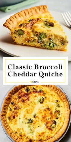 a broccoli and cheese quiche on a plate with the words classic broccoli cheddar quiche