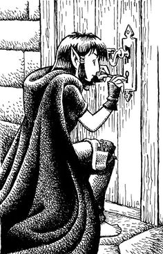 a black and white drawing of a person opening a door with a key in it