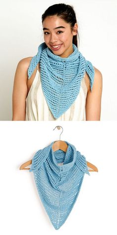 a woman wearing a blue crochet shawl next to an image of the same scarf