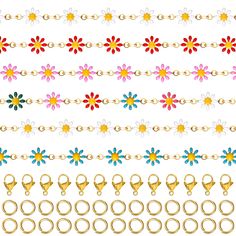 a set of gold chains with different colored flowers and circles on each chain, all connected together